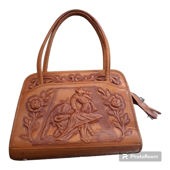 Mont-Abur vintage tooled leather rose & toreador bull purse leather shoulder bag - Picture 4 of 16